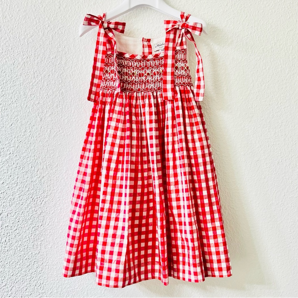 ♥️HP Kidiwi Smocked Gingham Dress Sz 5A Red White Cotton Sundress Girls Worn 1x